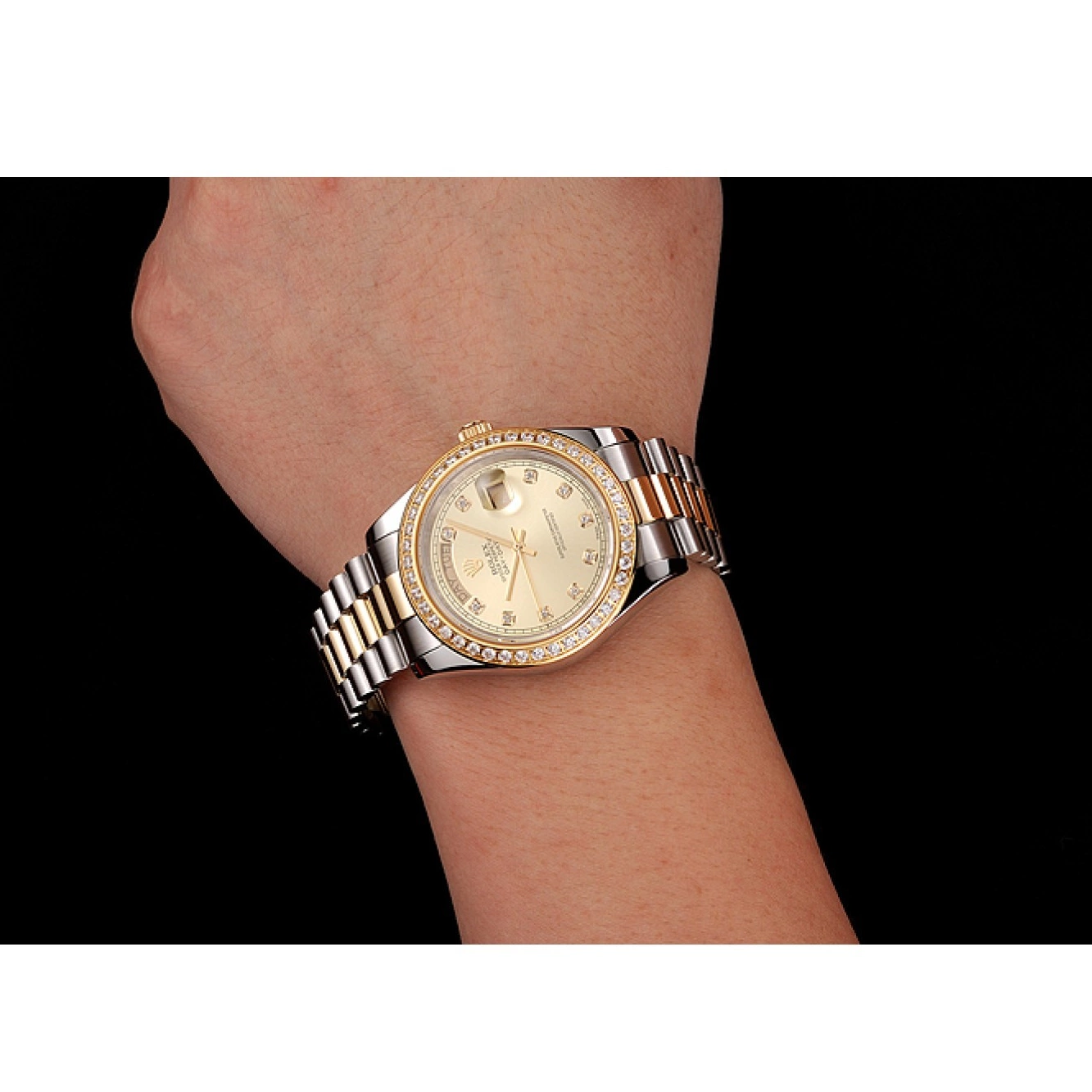 Aaa replica watch Case Stainless Day-Date 1453974 Bracelet Diamond Champagne Rolex Swiss Steel Dial Gold Two Tone 0727